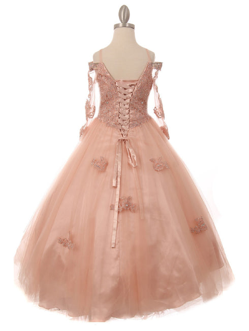 Little Girls Blush Off Shoulder Long Sleeve Rhinestone  Pageant Dress 2-6 - SophiasStyle.com